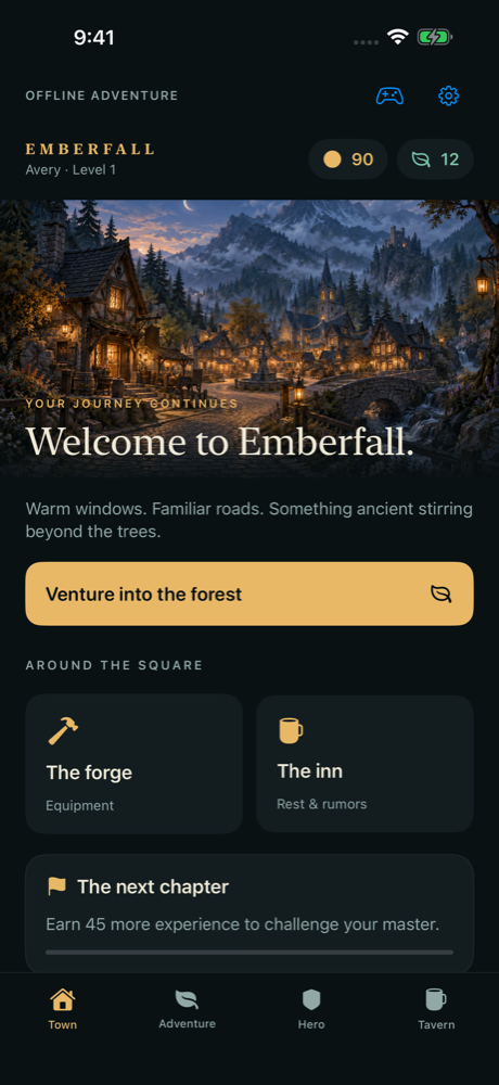 Emberfall’s town screen with adventure destinations and the player’s daily turns